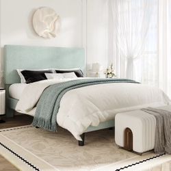 Amolife Queen Bed Frame, Platform Bed Frame with Upholstered Adjustable Headboard, Ice Blue, Nubby Fabric