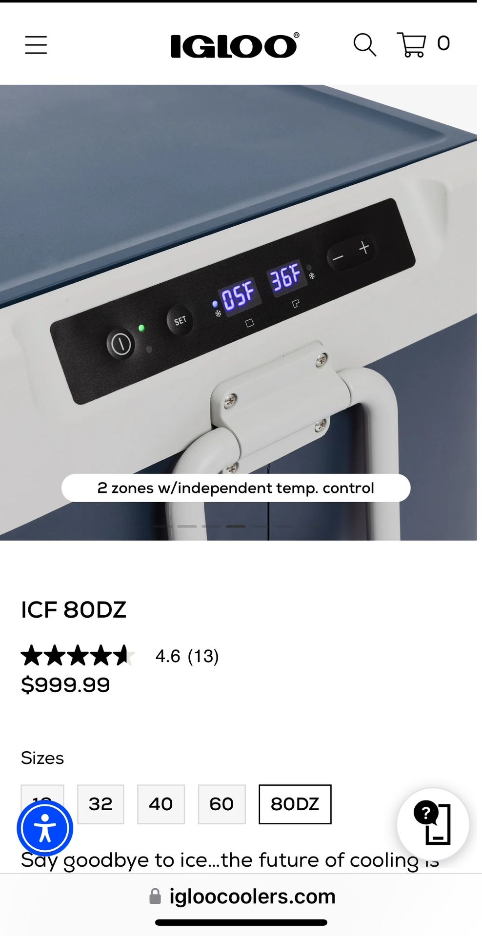 Igloo 80DZ portable iceless electric compressor cooler camping fridge