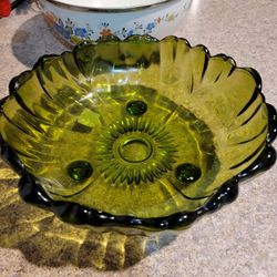 Vintage Heavy Green Glassware Indiana Glass Green Footed Bowl 1ft