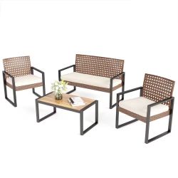4-Piece Outdoor Brown Wicker Patio Conversation Set with beige Cushions and Acacia Wood Coffee Table