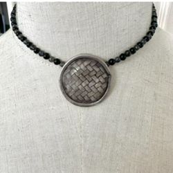 Sterling silver  onyx and amethyst beaded  choker  pendant necklace