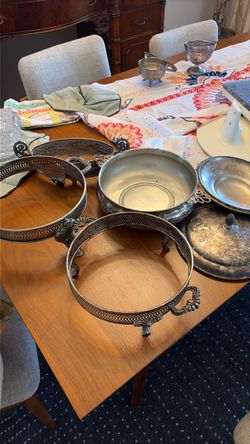 Silver plated dood serving stands, and silverware