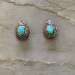 Large Navajo Sterling And Turquoise Clip Earrings