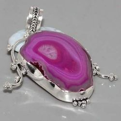 Natural Stone, Fuchsia Agate Wrapped in Solid Sterling silver design/ Teardrop agate & Sterling