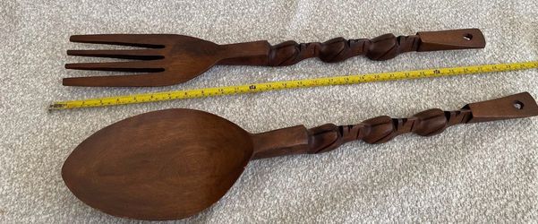 Decorative wood hand-carved spoon fork 26” long