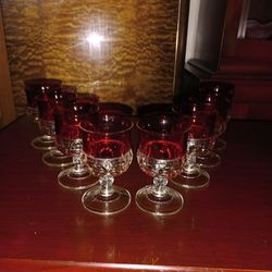 Vintage Kings Crown Ruby Red Flash Cordials, King's Crown Ruby Flash Stemmed Shot Glasses, Set of 8 & Creamer Cup