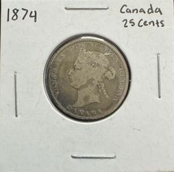 1874 H Canada 25 Cent Silver Coin Queen Victoria.925 Silver