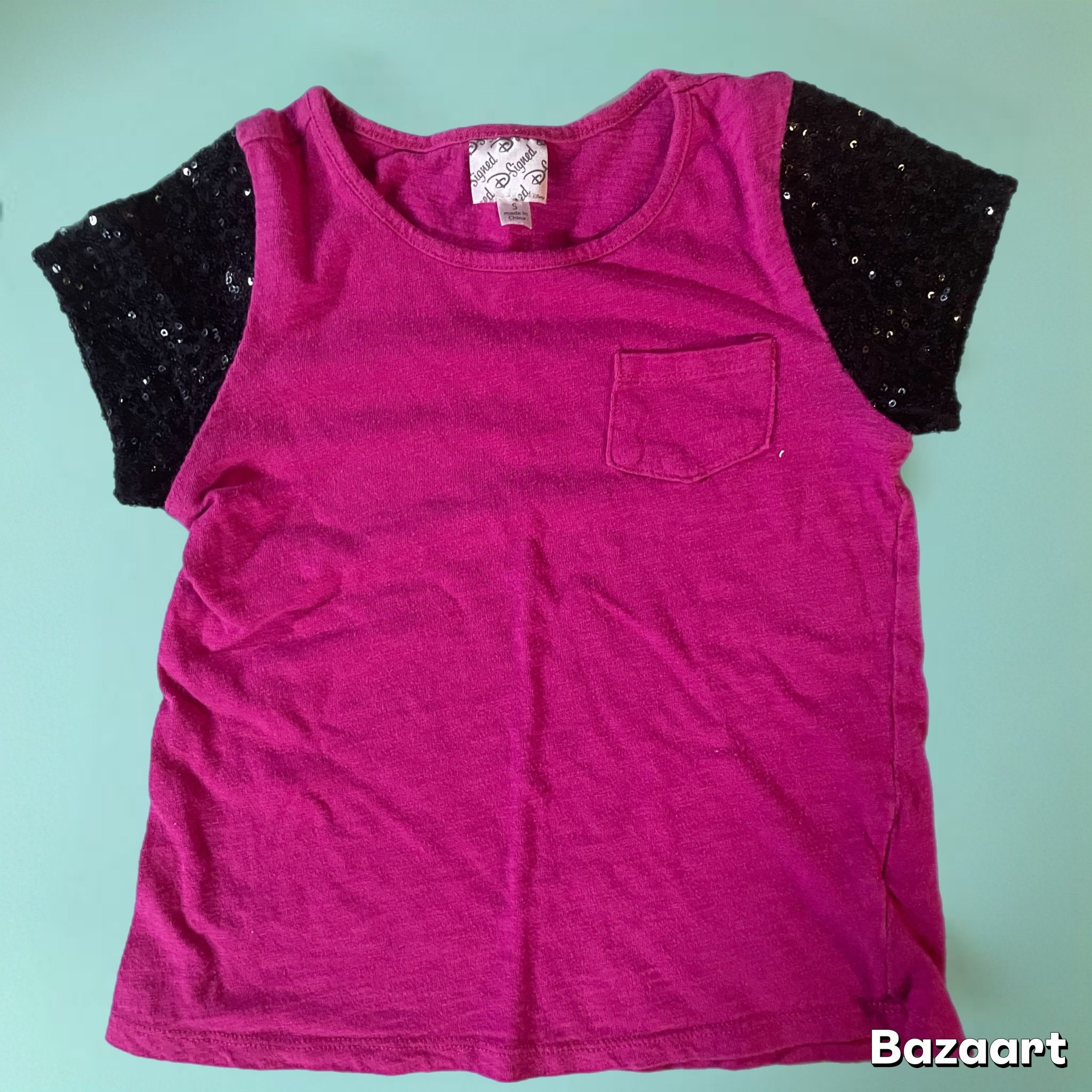 Girls Sz S Disney DSigned Black Sequin short-sleeved Pink pocket tee