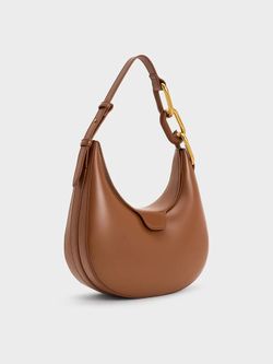 Charles & Keith Kora Metallic-Accent Moon Bag - Chocolate