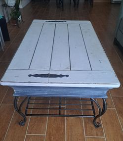 White stained, Teak Wood, metal base coffee table, with compartments
