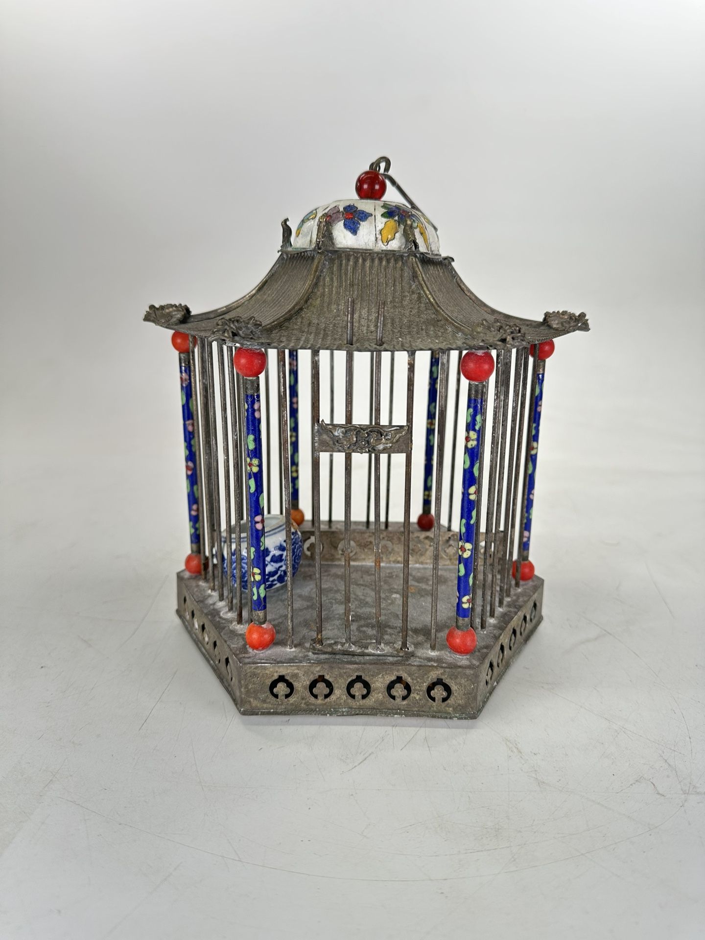 Antique Chinese Cloisonné Qing / Republic Period Brass Birdcage Silver plated