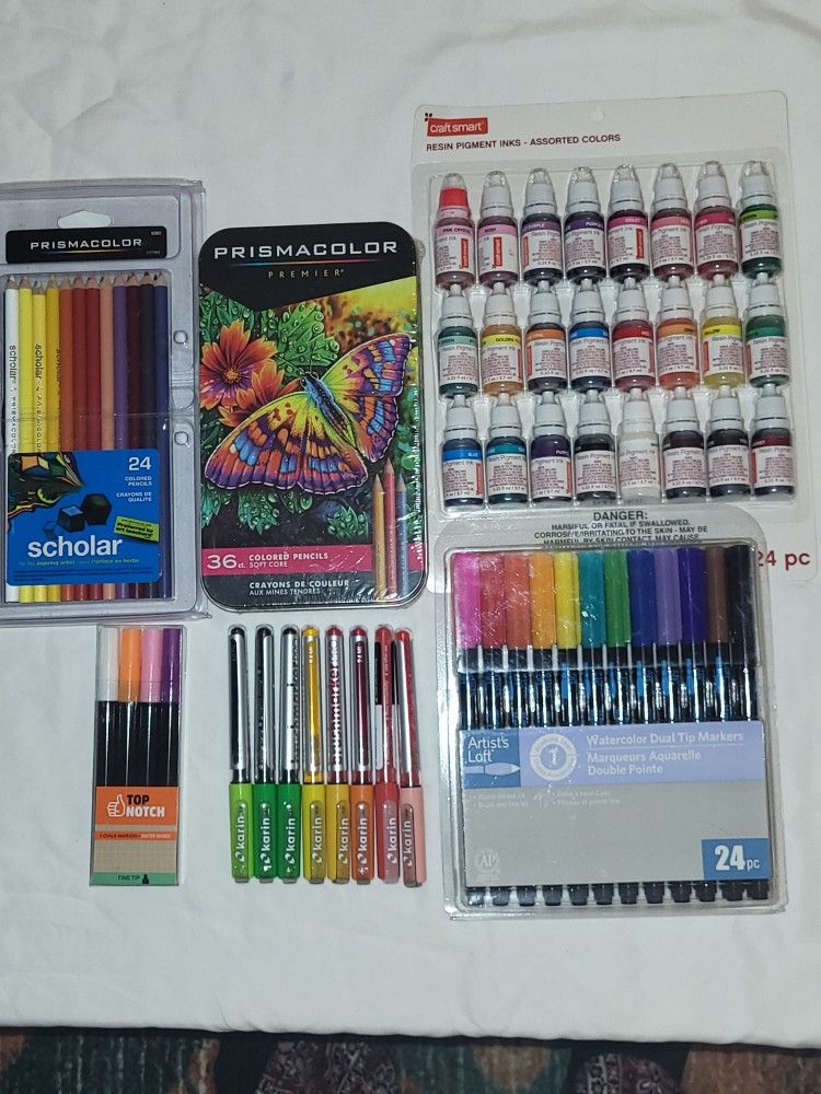 BRAND NEW Big Mixed Art Supplies Lot- Prismacolor, Karin, Resin Pigment Ink