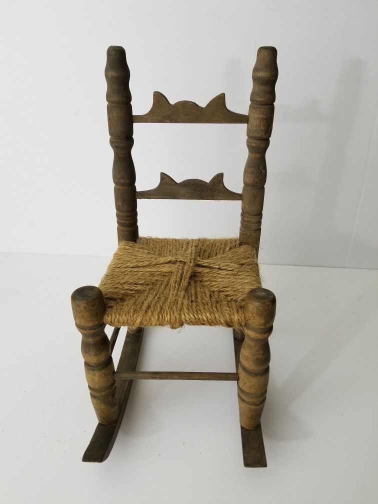 Vintage Mini Rocking Chair Antique Dolls Wooden Wicker Seat