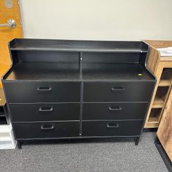 6 Drawers Double Dresser with Shelves, Large Wooden Storage Tower Organizer, Wide Chest of Drawers, Black Dresser for Bedroom, Living Room, Entryway