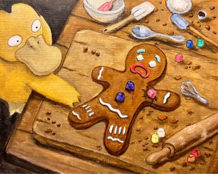 “Not the Gum Drop Buttons” Acrylic Painting ft. Psyduck and the Gingerbread Man