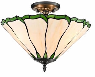 Tiffany Semi Flush Ceiling Light 3-Light Stained Glass Shade 16In Green & Ivory Handcrafted Tiffany Art Glass, Classic Ceiling Light for Hallway, Entr