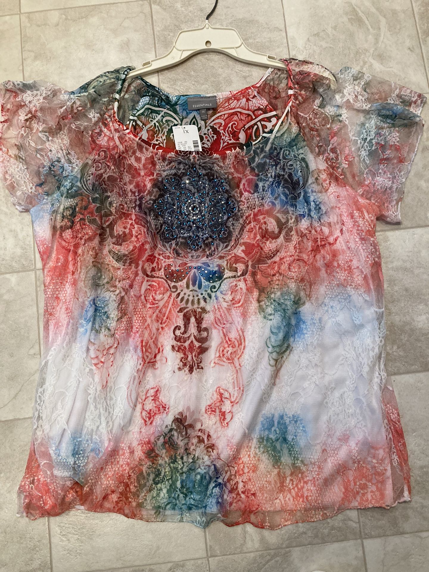 Néw Womens” Essentials” Short Sleeve Sheer Top With Bling Size 1x