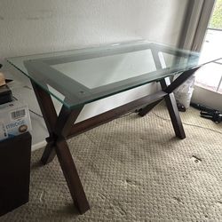 Pottery Barn Ava Desk Table Wood Glass Top 