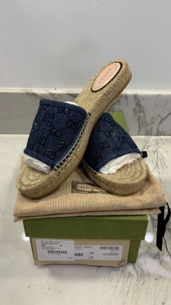 NEW OPENED BOXED GUCCI WOMENS GG DENIM CRYSTAL FLATS SLIDES ESPADRILLE SLIP ONS~SIZE 39