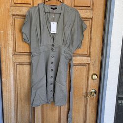 Quince Vintage Wash Tencel Button Front Dress in olive green Belted Pockets M