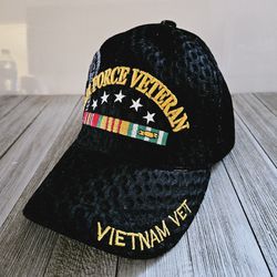 United States Airforce Veteran Vietnam Vet Black Multi-Colored Baseball Cap with Honeycomb Web Weave Texture and Hook and Loop Adjustable Strap by US 