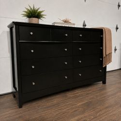 Wide Black 8-Drawer Dresser w/ Silver Knobs