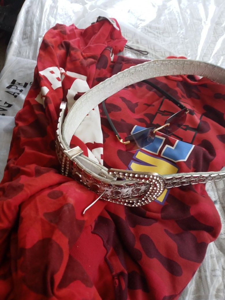 Bape Shorts, Medium Bathing Ape Shirt Both Red. Cilver White Ice Out Bb Simon ,Belt Black Carter Glasses