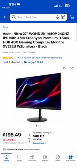 Acer 240hz monitor 1440p  27inch screen