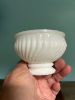 2.5 x 3.5” White Milk Glass Footed Bowl with Swirl Ribbing 3”