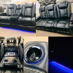LED Power Reclining Living Room Set with Adjustable Headrest (Sofa and Loveseat