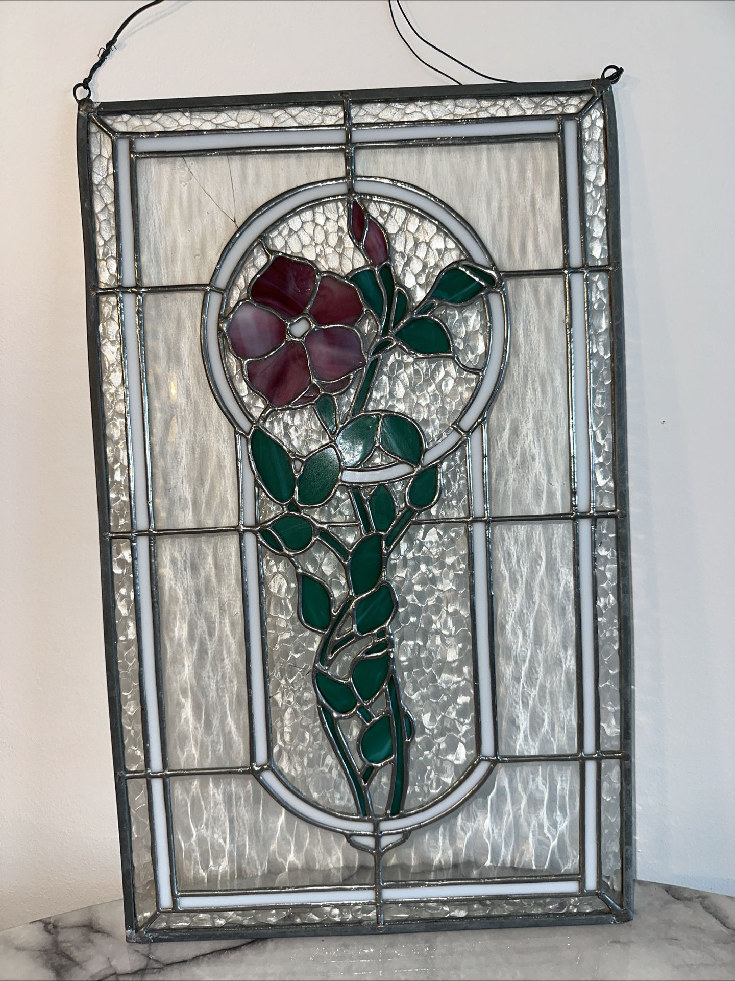  Vintage Leaded Stained Glass Hanging Window Panel 20x12" Flower Handmade Pink