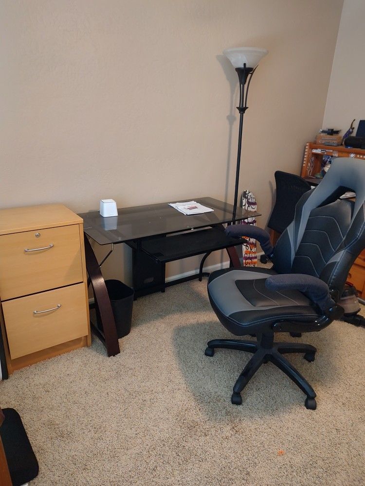 Glass Desk, Office Chair, 2 drawer file cabinet