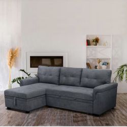 84.64 in. Velvet L-Shaped Sleeper Sectional Sofa with Square Arms in Dark Gray, Reversible Chaise, and Pull-out Sofa Bed