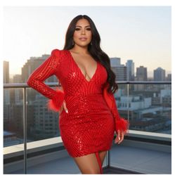 Red Sequin Mini Dress with Feather Cuffs
