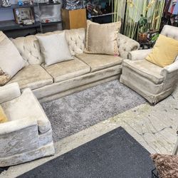 Vintage Cream Colored Tufted Couch With Two Swivel Matching Chairs