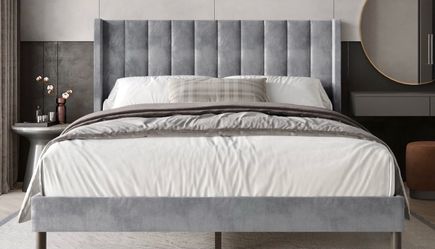 Queen Gray Velvet Upholstered Bed Frame with Headboard