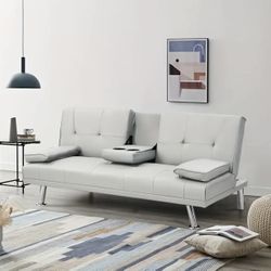 Brand New Double Sofa Bed with Cup holder 66” wide with Metal feet- Beige Colo