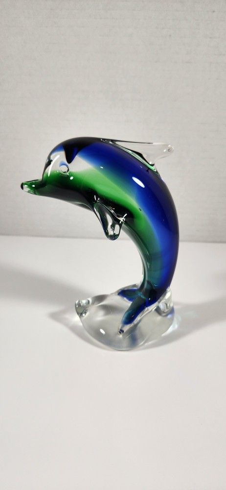 Vintage Murano Style Blue Green & Clear Dolphin Art Glass Paperweight