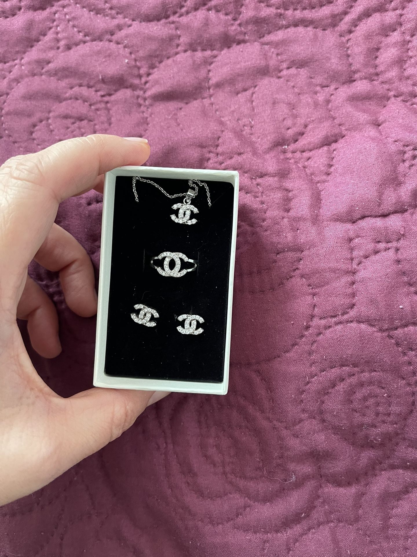 CC Sterling Silver Set Earrings, Pendant And Ring, Size 6