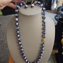 Vintage Cloisonne Necklace With Gold Clasp Matching Earrings Beautiful Gold Outlines Flowers And Blue 