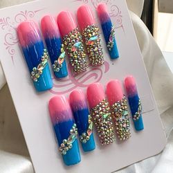 Handmade three-tone pink, dark blue and light blue press-on nails with iridescent rhinestones