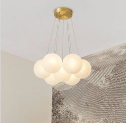 New 23.6” Glass Bubble Chandelier, Textured Glass Globe Pendant Brass Canopy Adjustable Height