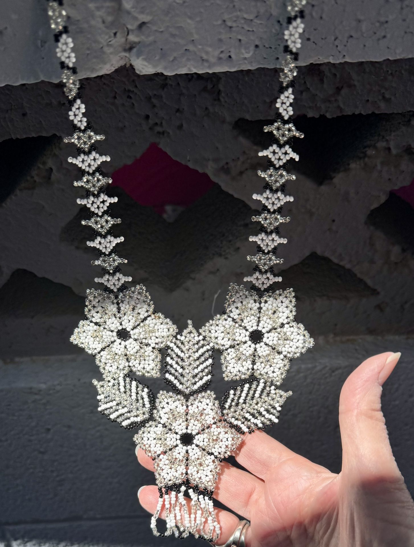 Vintage Glam Artesanal Hand made Necklace In Black, White And Silver Beads Hangs 16”