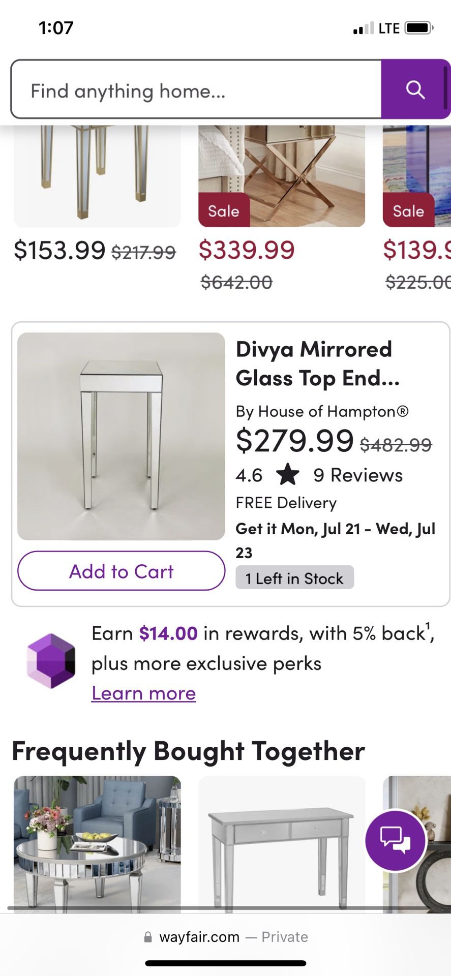 Mirrored Glass Top End Table