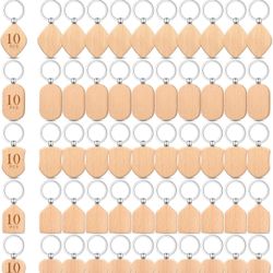 50 Pieces Wooden Keychain Blanks Laser Engraving Wood Blanks Key Chain Bulk Unfinished Wooden Key Ring Key Tag for DIY Gift Crafts(Assorted Style)