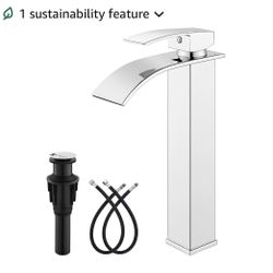 gotonovo Waterfall Tall Bathroom Faucet 1 Hole Single Handle 304 Stainless Steel Vessel Sink Faucet with Pop Up Drain Modern Lavatory Mixer Tap, Polis