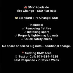 Flat Tire Change – $50 – I Come To You (DMV)