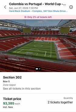 World Cup Tickets Colombia Vs. Portugal  2 Tickets