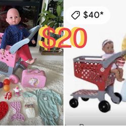 $20 Bundle Kingstate 17” Baby Doll & Shopping cart with all accessories including