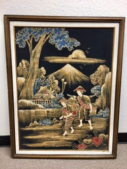 Large Antique Asian Watercolor Painting on Silk 39"H x 30"